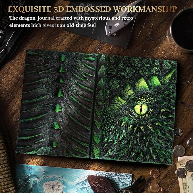 molshine A5 (7.3" x 5.1") 3D Dragon Embossed Journal,Resin Engraving Notebook,Retro Diary,100 Sheets Blank Paper,Hardcover Travel Notepad for Writing,Sketchbook,Collection,Gift,Decoration (Green)