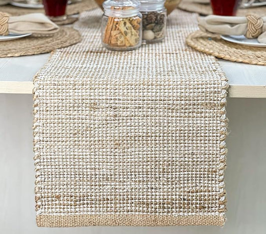 Chardin home Natural Jute Table Runner 13x72 Inch – Vintage Boho Rustic Table Decor – Handwoven Table Runner in Natural Jute and Ivory – Farmhouse Dining or Console Table Accent