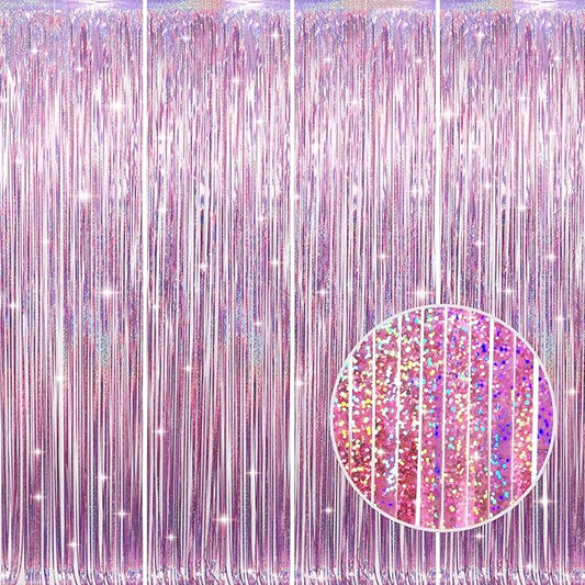GOER 3.2 ft x 8.2 ft Metallic Tinsel Foil Fringe Curtains Party Photo Backdrop Party Streamers for Birthday,Graduation,New Year Eve Decorations Wedding Decor(4 Packs,Laser Pink)