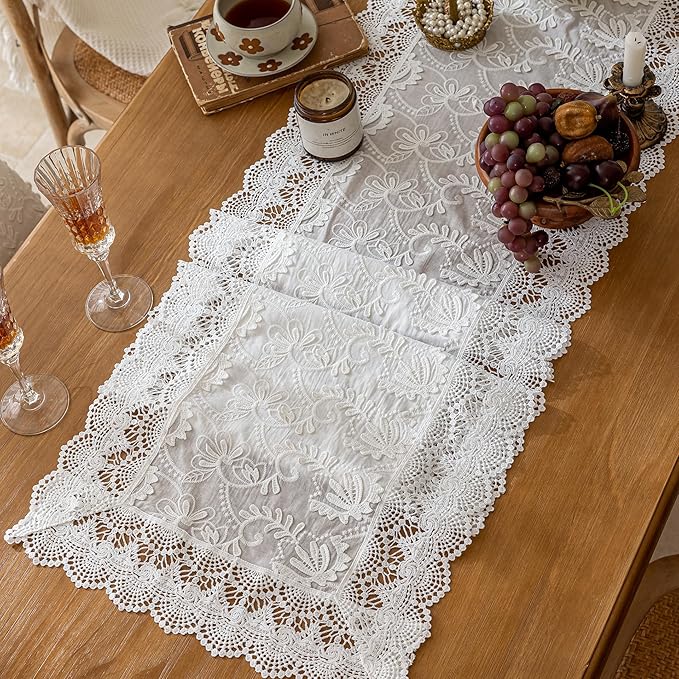 White Elegant Vintage Lace Table Runner,Wedding Lace Decor with Floral Embroidery,Tea Party Decor (White, 13.8X71 Inches)