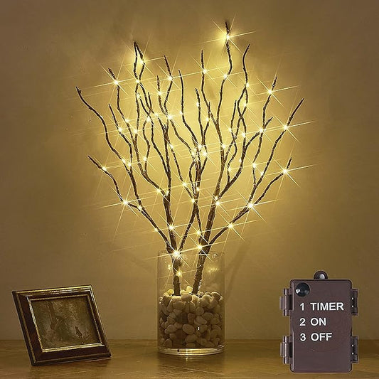 Hairui Twig Branches with Fairy LED Lights 18IN 70LED Battery Operated Lighted Brown Willow Branches for Home Witner Christmas Decoration Indoor Outdoor Use (Vase Excluded)