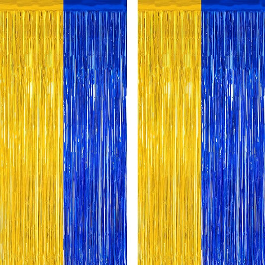 2 Pack Graduation Backdrop, 3.28 FT x 7.05 FT Class of 2025 Decorations, Blue Gold Fringe Curtains Tinsel Backdrop Party Streamer, Metallic Blue and Gold Graduation Decorations 2025