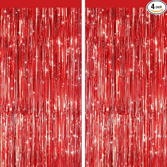 2 Pack Red Metallic Tinsel Foil Fringe Curtains, Door Streamers Photo Booth Backdrop for Birthday Party, Tinsel Curtain Backdrop for Baby Shower Bachelorette Christmas Party Decorations