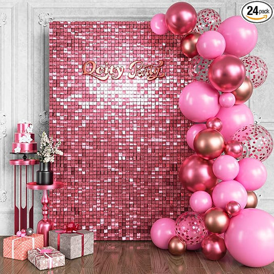 Qcity Pink Shimmer Wall Backdrop 24PCS, Black Back Not See-Through Design, Square Sequin Glitter Backdrop Panel, Perfect for Outdoor Events, Birthdays, Wedding and Party Decoration