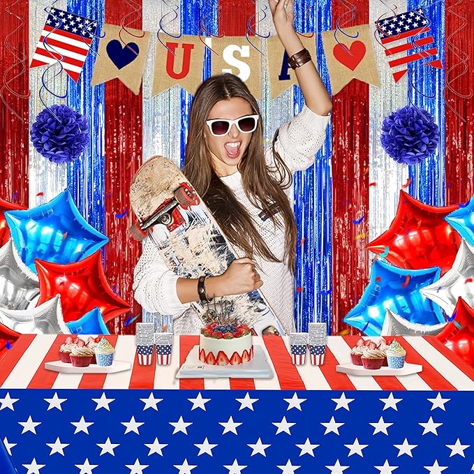 Melsan 2 Pack 3.2 ft x 8.2 ft Tinsel Foil Fringe Curtains Backdrop, Sparkle Metallic Tinsel Foil Curtains for 4th of July Independence Day Patriotic Decorations Party Photo Booth Props, Navy
