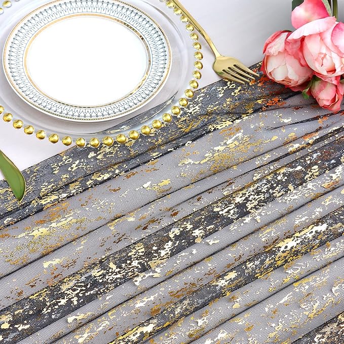 LOMOHOO 10 Ft Black Table Runner, Black Sheer Sequin Table Runners 120 Inches Long Glitter Metallic Foil Lace Fabric Table Decor for Birthday Party Wedding Anniversary Centerpiece (1pcs)