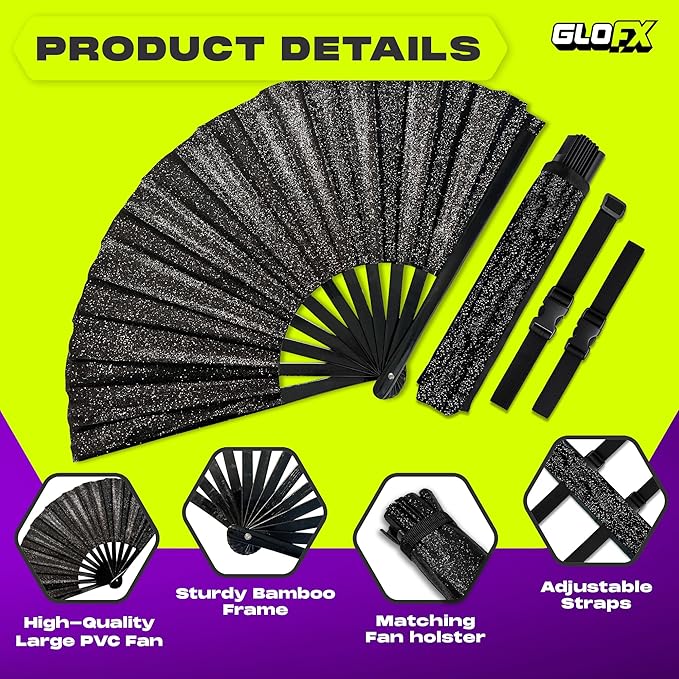 Black Glitter Folding Fan with Holster – Large Handheld Folding Fan with Loud Snap for Festival, Line Dancing, Drag, and Performance – Includes Matching Glitter Belt Holster