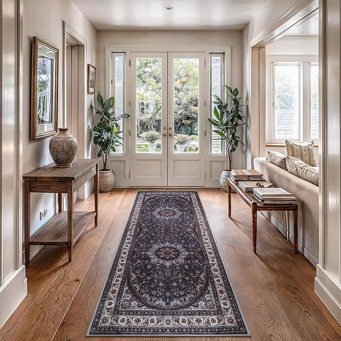 Bloom Rugs Washable Non-Slip 12 ft Runner - Navy Traditional Medallion Runner for Entryway, Hallway, Bathroom, and Kitchen - Exact Size: 2.5' x 12'