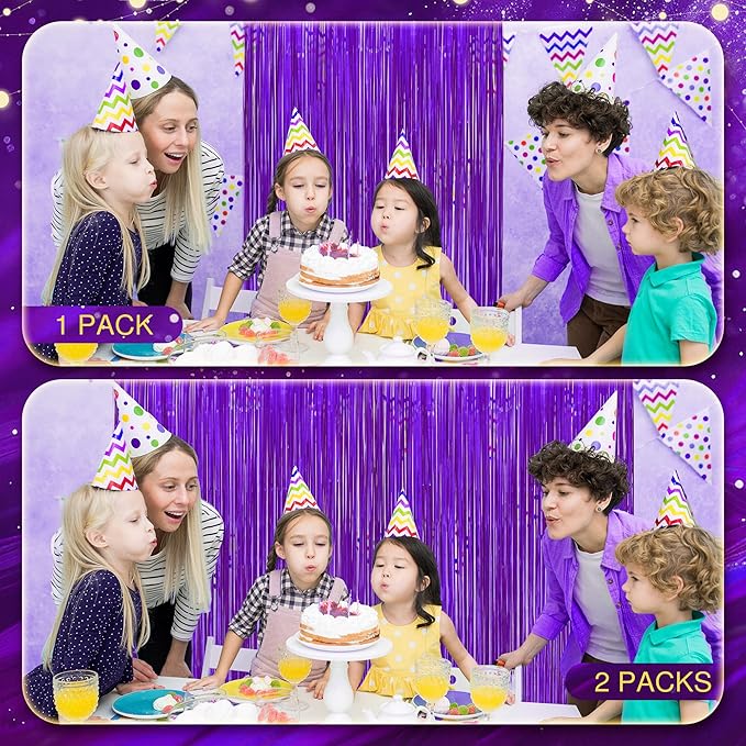 2 Pack Metallic Purple Fringe Backdrop, 3.2x8.2ft Shining Foil Tinsel Curtains, Birthday Party Decorations Door Streamers for Halloween, Christmas, Wedding, Graduation, Holiday, Theme Events