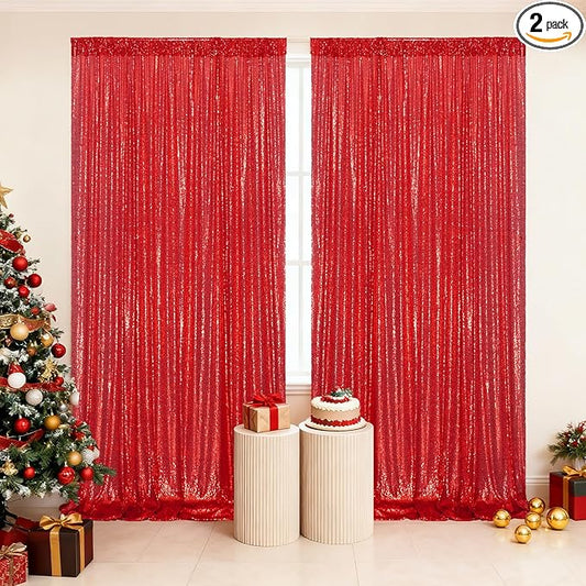 Poise3EHome Red Sequin Backdrop Curtain,2 PCS 5FT x 10FT Glitter Panels for Birthday Party Baby Shower Wedding Christmas Thanksgiving Holiday Festival Decor