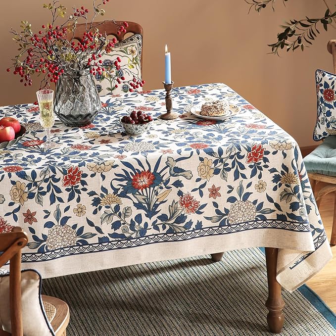 patdrea Designer Blue Tablecloth for Rectangle Table,Vintage Linen with Leaves and Floral Pattern Tablecloths,Farmhouse Decor Cover for Kitchen Dining Christmas,Thanksgiving,55"x87"-Ivar a