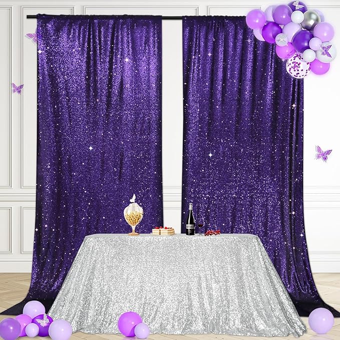PartyDelight Sequin Backdrop Purple 2 Panels 5Ft x 10FT Photography Photo Booth Back Drop Wall Decoration Outdoor Wedding