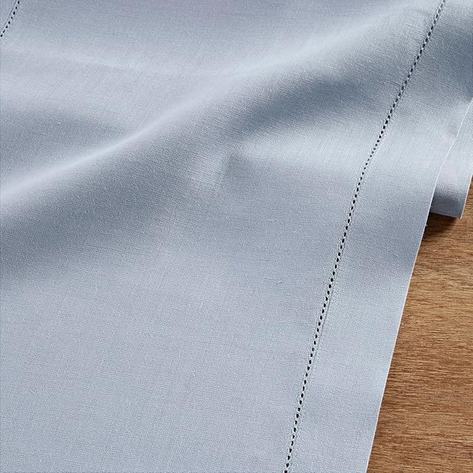 Solino Home Linen Dusty Blue Table Runner 60 Inches - Classic Hemstitch, 100% Pure Linen Coffee Table Runner 14 x 60 Inch Ideal for Dresser Tables - Fall, Autumn, Halloween, Thanksgiving