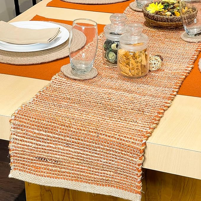 Chardin home Natural Jute Table Runner 13x48 Inch – Vintage Boho Rustic Table Decor – Handwoven Table Runner in Natural Jute and Rust Orange – Farmhouse Dining or Console Table Accent