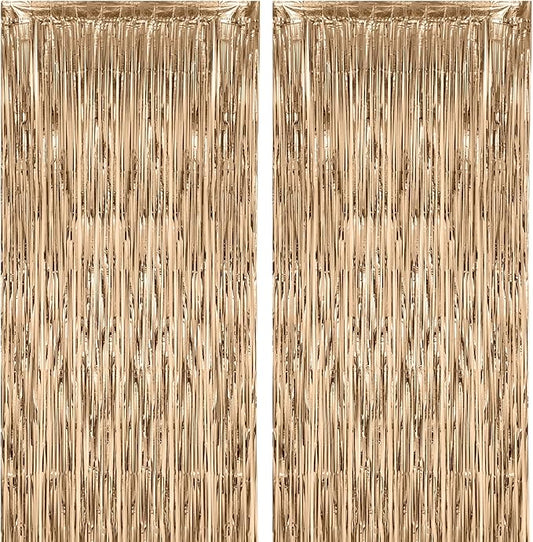 2 Pack Champagne Foil Fringe Backdrop Curtains, Tinsel Streamers Birthday Party Decorations, Fringe Backdrop for Graduation, Baby Shower, Gender Reveal, Disco Party