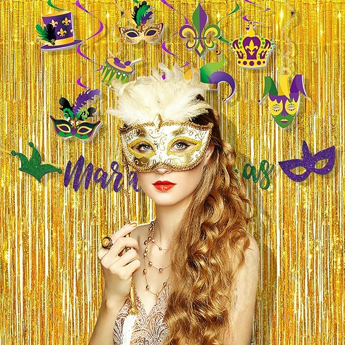 BRAVESHINE Gold Tinsel Foil Fringe Curtains - 2Pcs 3.2x8.2ft Holidays Photo Backdrop for Men 60th Birthdays/Bridal Wedding/Engagement/Anniversary/Hawaiian/Luau/Christmas/New Years Party Decorations