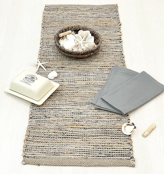 Chardin home Natural Jute Table Runner 13x48 Inch – Vintage Boho Rustic Table Decor – Handwoven Table Runner in Natural Jute and Grey – Farmhouse Dining or Console Table Accent