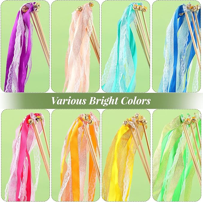 40 Pieces Ribbon Wedding Streamers with Bells, Lace Fairy Stick Wand Party Streamers Chromatic Silk Streamers for Party, Birthday and Holiday