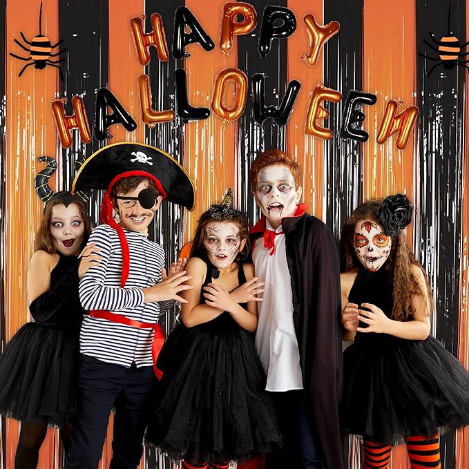 Melsan Halloween Decorations Tinsel Backdrop Foil Fringe Curtains, 3.2 ft x 8.2 ft Black Orange Metallic Foil Curtains for Halloween Party Photo Booth Props Decorations, 2 Pack