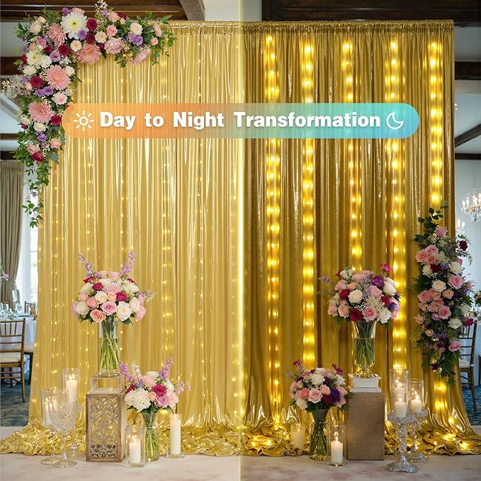 PartyVillage 20x10FT Gold Sequin Backdrop Curtain with String Lights – 4 Panels 5x10FT Sparkly Wrinkle-Free Glitter Backdrop Drapes for Birthday, Wedding, Photography, Graduation Party Décor