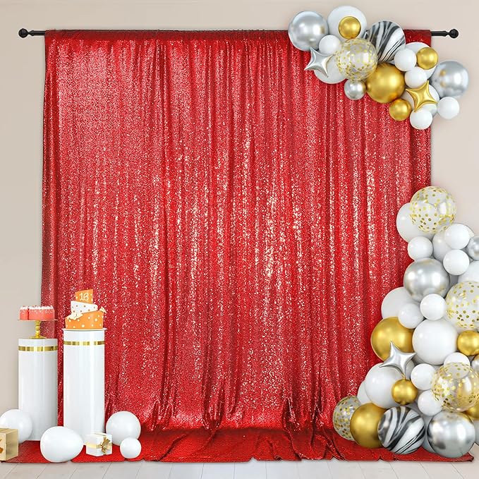 PartyDelight Red Sequin Backdrop Curtain 8FT X 8FT Sparkly for Wedding Party Room Decorations
