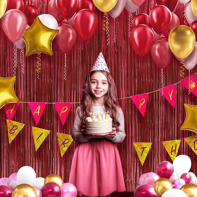 2 Pack Red Fringe Backdrop, 3.2x8.2ft Shining Foil Tinsel Curtains, Birthday Party Decorations Door Streamers for Halloween, Christmas, Wedding, Graduation, Holiday, Theme Events