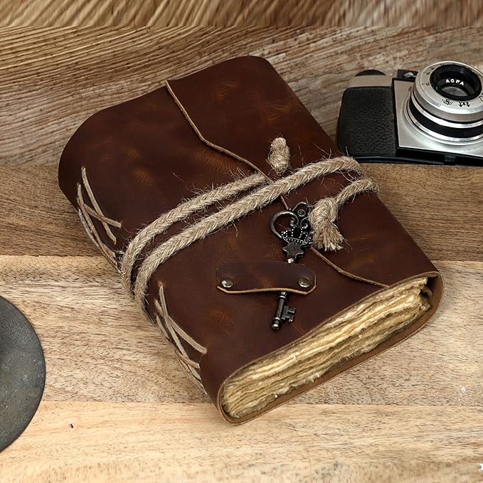 cuero C Vintage Leather Journal - Handmade Leather Bound journal with deckle edge paper for Men And Women Diary Notebook - Leather Sketchbook (7 inch)