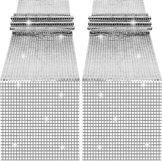 durony 2 Pack Disco Party Table Runner 11 x 108 Inch Mirror Silver Glitter Foil with Sparkle Sequin Table Runner for 70s Bachelorette Parties Disco Cowgirl Party Decorations