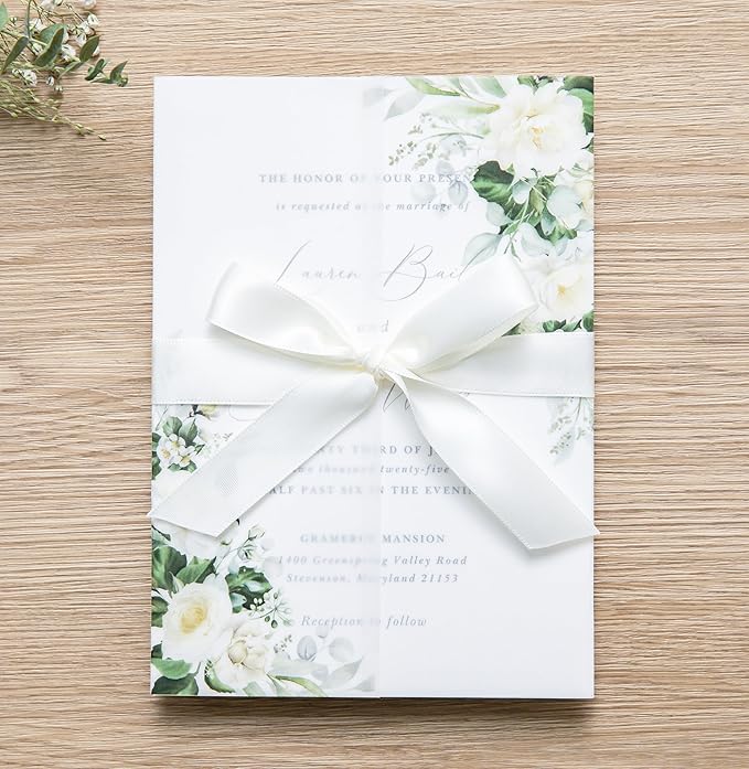 PONATIA 50 PCS Vellum Jackets for 5x7 Invitations- 135gsm White Floral Printed Vellum Sleeves, Quinceanera Wedding Invitation Cards Wraps, Green Flower Transparent Jacket