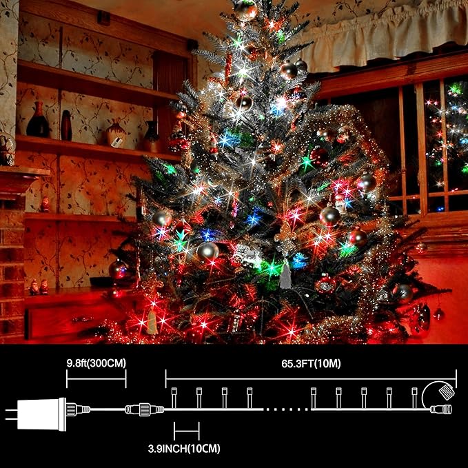 LAMPHOME 33ft Christmas Decorative Mini Lights, 100 LED transparent Wire Fairy Starry String Lights Plug in, 12 Lighting Modes, for Indoor Outdoor Xmas Tree Wedding Party Decoration (White+Multicolor)