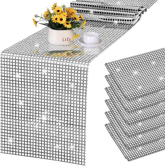 Durony 6 Pack Disco Party Table Runners, 11 x 108 Inch Silver Glitter Foil with Sparkle Sequin, Ideal for Bachelorette, 70s, Disco, Cowgirl Parties