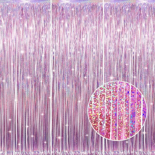GOER 3.2 ft x 8.2 ft Metallic Tinsel Foil Fringe Curtains Party Photo Backdrop Party Streamers for Birthday,Graduation,New Year Eve Decorations Wedding Decor(3 Packs,Laser Pink)