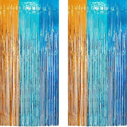 Orange Blue Party Streamers Backdrop - GREATRIL Tinsel Fringe Curtain for Blue Dogs Themed Birthdays Decoration 2 Packs