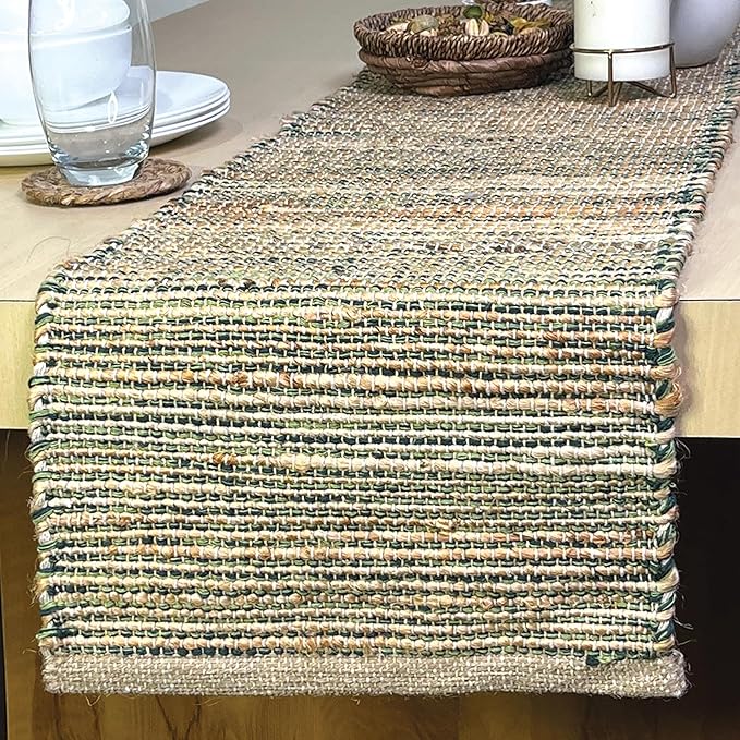 Chardin Home Natural Jute Table Runner 13x72 Inch – Vintage Boho Rustic Table Decor – Handwoven Table Runner in Natural Jute and Green – Farmhouse Dining or Console Table Accent