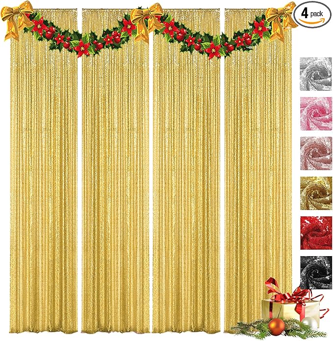 VOK Gold Sequin Backdrop Curtains 4 Panels 2FTx8FT Glitter Photography Background for Wedding Birthday Christmas Party Decorations