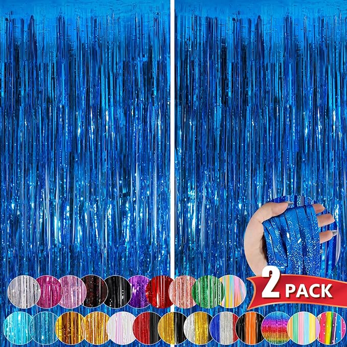 Blue Metallic Tinsel Foil Fringe Curtains, 2 Pack 3.3x8.3 Feet Party Streamer Curtains for Birthday Party Decorations, Halloween Decor, Foil Curtain Backdrop for Bachelorette Party