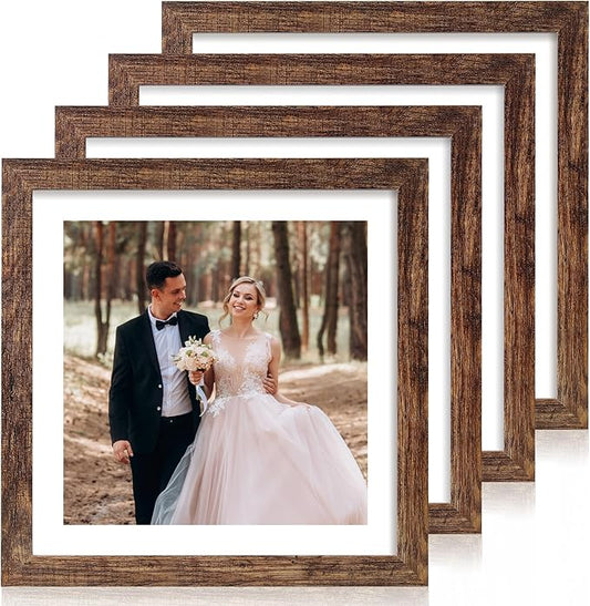 12x12 Picture Frame Set of 4 with Tempered Glass, Rustic Frame Display 10x10 Pictures with Mat or 12 x 12 Without Mat, Wood Square Photo Frames for Desktop Display and Wall Mounting