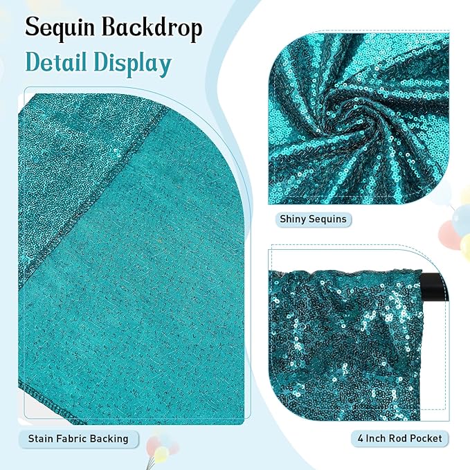 SquarePie Sequin Backdrop Curtain Not See Through Thick Glitter Background for Party 8FT x 8FT Teal