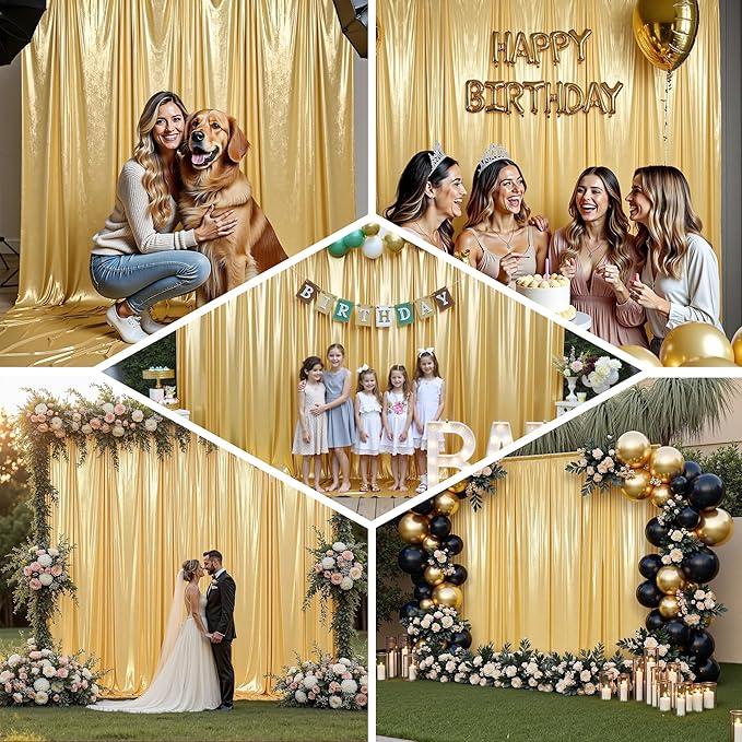 PartyVillage 10x14FT Gold Sequin Backdrop Curtain -2 Panels 5x14FT Wrinkle Free Shimmer Back Drop Cloth, Glitter Backdrop Drapes for Photography, Birthday, Wedding, Graduation Background