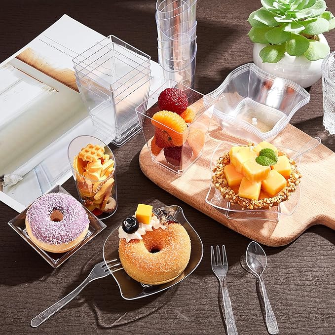 Tessco for you 160 Pcs Mini Appetizer Plates Dessert Cups Spoons Forks Set Dessert Containers Assorted Shape Plastic Parfait Cups Disposable Spoon Forks for Party Serving (Clear)