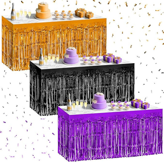 3 Pack Black Dark Purple Orange Table Skirts, 29x108" Metallic Foil Tinsel Fringe Table Skirt for Rectangle Tables Streamer Curtains Backdrop, Party Decorations for Birthdays, Weddings, Holidays