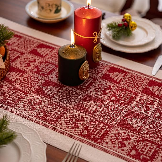 Table Runners 95 Inches,Christmas Tree Table Runner with Tassel Fringe,Gift Table Runner for Party，Coffee Table, Festival