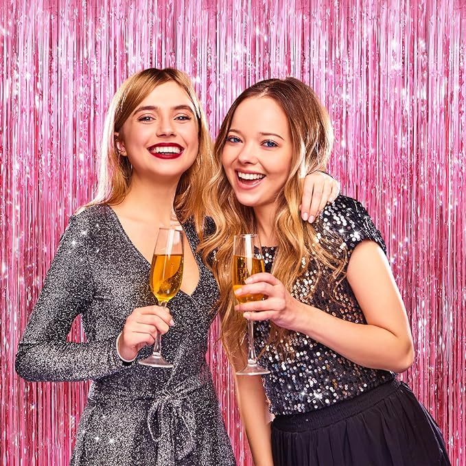 2 Pack Pink Metallic Tinsel Foil Fringe Curtains, Door Streamers Photo Booth Backdrop for Birthday Party, Tinsel Curtain Backdrop for Baby Shower Bachelorette Christmas Party Decorations