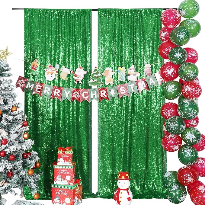 Poise3EHome 2Pcs 3Ft x 8Ft Green Sequin Backdrop Curtain, Glitter Photography Background, Sequence Xmas Thanksgiving Backdrop
