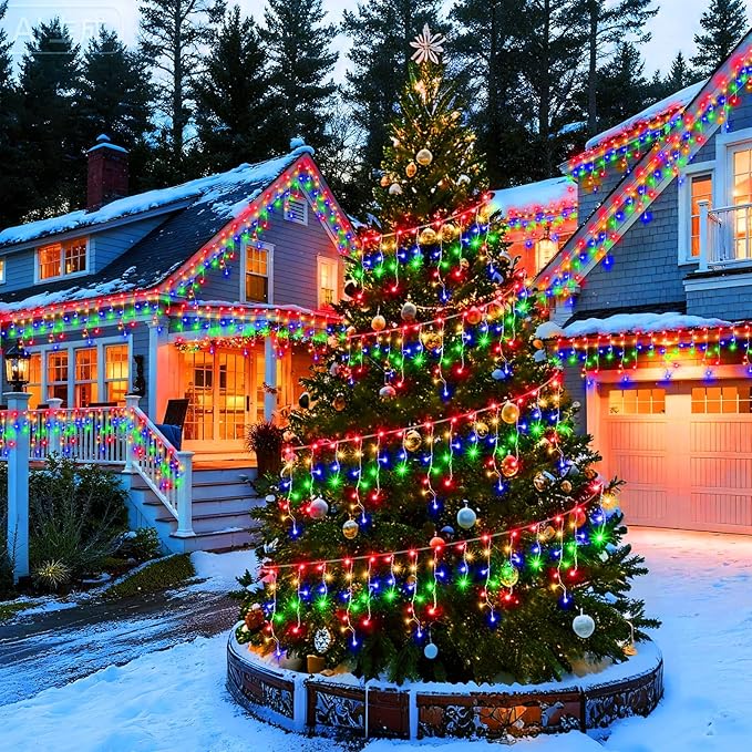 KNONEW 164FT 1600 LED Christmas Lights Outdoor Decoration Multicolor with 320 Drops, 8 Modes Timer Hanging Fairy String Lights Plug in Waterproof Indoor Decor for Holiday Wedding Party Window Garden