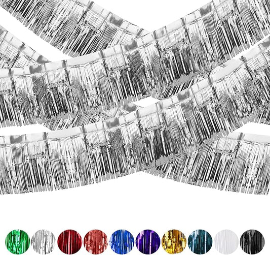 4 Pack Iridescent Fringe Curtains, Metallic Foil Fringe Garland Wall Hanging Drapes Tassel Foil Float for Parade Trailer, Birthday Holiday Outdoor/Indoor Party Decoration (Silver)