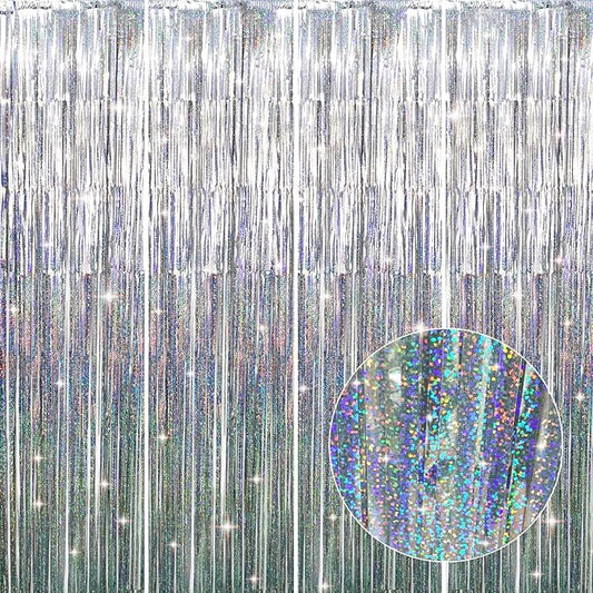 GOER 3.2 ft x 8.2 ft Metallic Tinsel Foil Fringe Curtains Party Photo Backdrop Party Streamers for Birthday,Graduation,New Year Eve Decorations Wedding Decor (4 Packs,Shiny Silver)