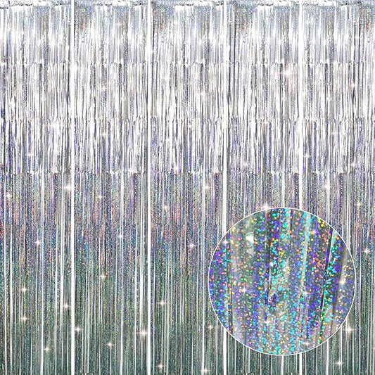 GOER 3.2 ft x 8.2 ft Metallic Tinsel Foil Fringe Curtains Party Photo Backdrop Party Streamers for Birthday,Graduation,New Year Eve Decorations Wedding Decor (5 Packs,Shiny Silver)