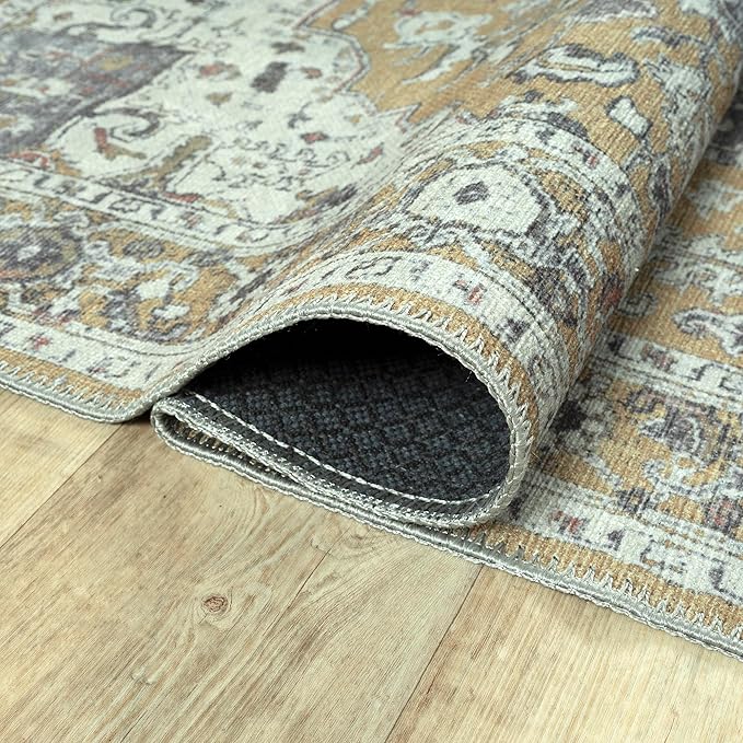 Bloom Rugs Washable Non-Slip 5' x 7' Rug - Yellow Traditional Medallion Area Rug for Living Room, Bedroom, Dining Room, and Kitchen - Exact Size: 5' x 7'