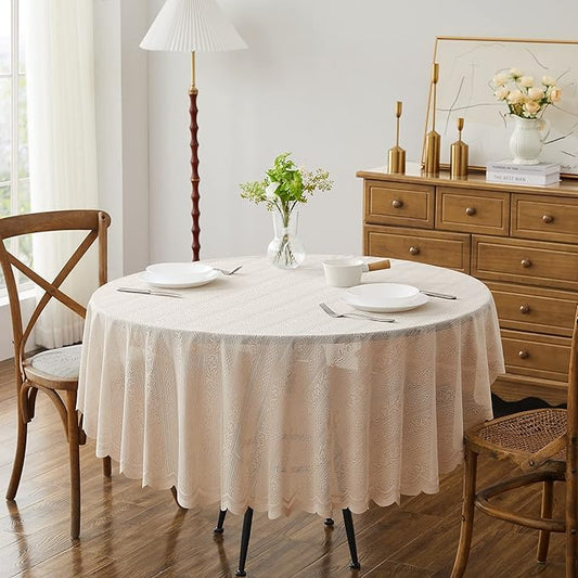 LinenZone Round Lace Tablecloth with Elegant Scalloped Bottom for Any Special Event Such as Wedding, Birthday Party, Baby Shower, Anniversary. Sits 4 to 6 People. (Linda 70 Round, Linen)